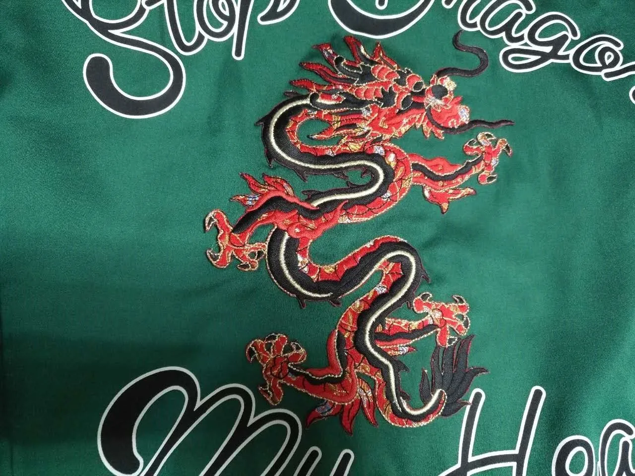 Dragon embroidery sample on sustainable fabric